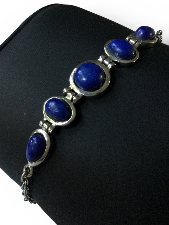 Source Unknown Jewelry - Silver-Tone Stainless Steel Link Bracelet - Blue Lapis-Style Cabochons - 7"-8"
